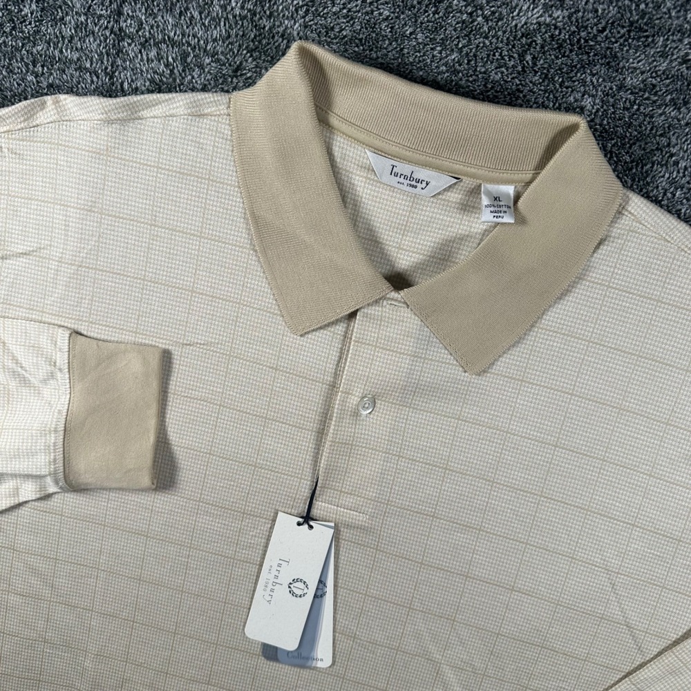 Turnbury Polo Shirt Mens XL Beige Windowpane Long Sleeve Plaid Pima Cotton NEW
